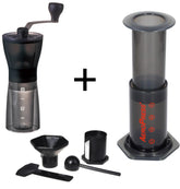 AeroPress Kaffeebereiter und Kaffeemühle Hario Mini Slim Plus - Barista Set