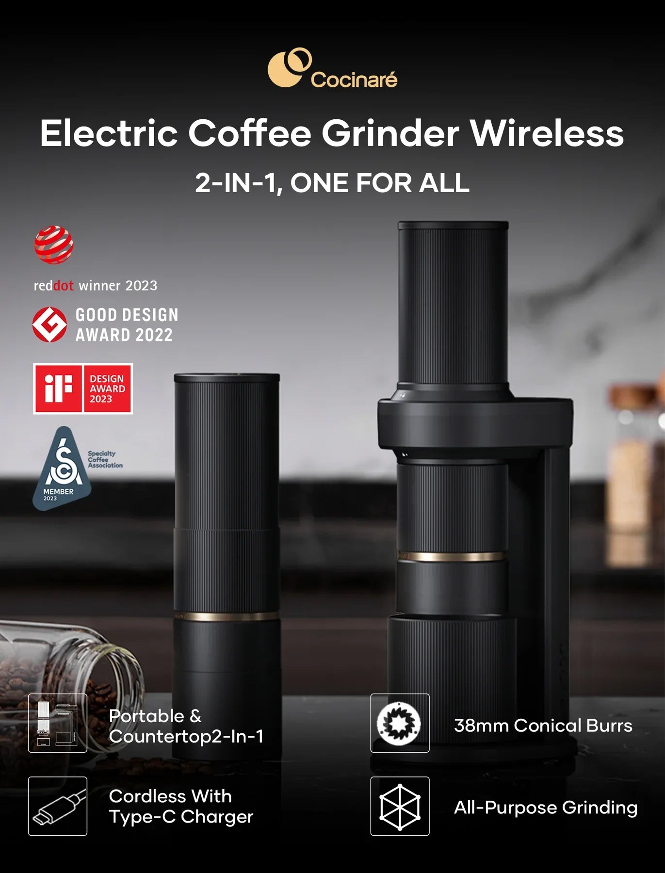 Cocinare Essence 2-in-1 elektrische Kaffeemühle für unterwegs