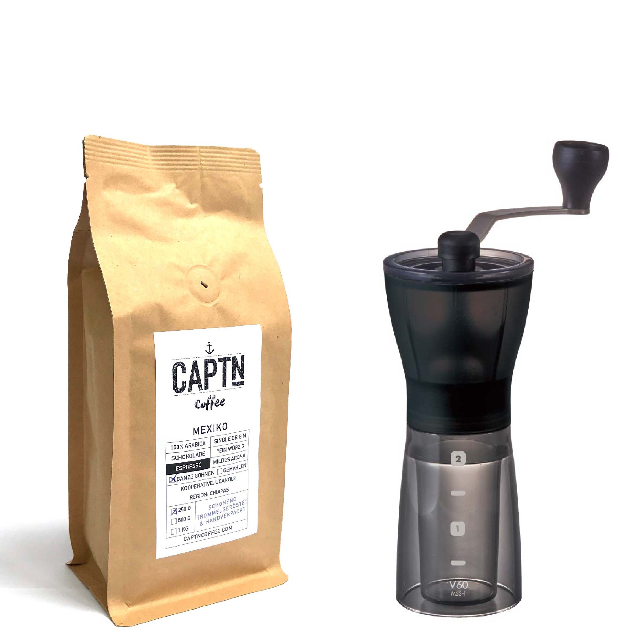 Hario Kaffeemühle und Espresso im Set