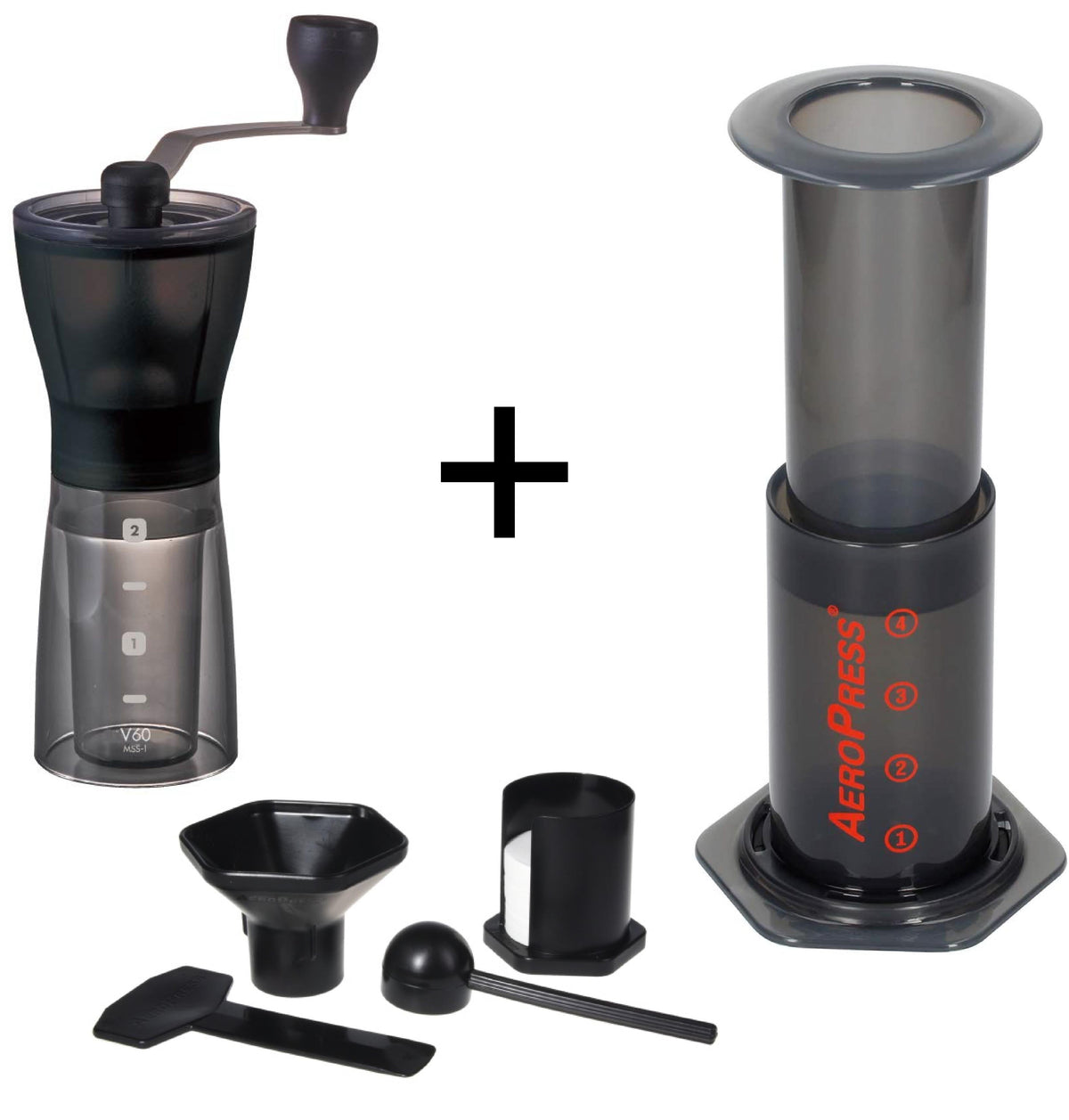 AeroPress Kaffeebereiter und Kaffeemühle Hario Mini Slim Plus - Barista Set