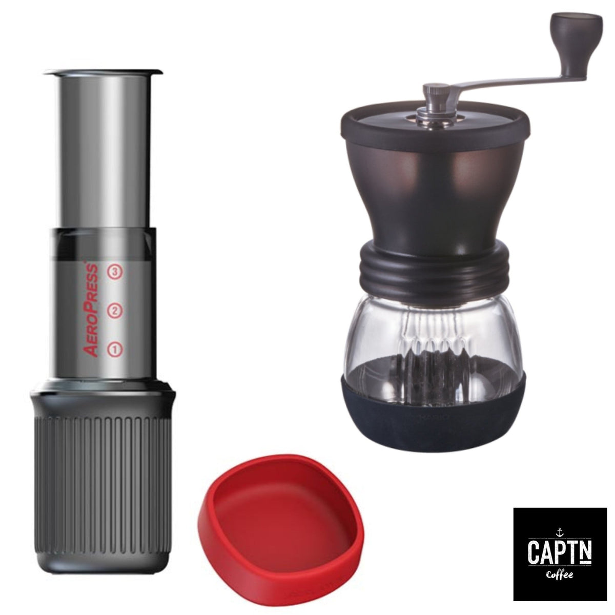 AeroPress Go und Hario Skerton Plus Kaffeemühle - Set